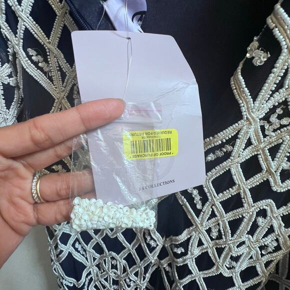 New JS Collections Fully Beaded White Navy Long Sleeves V-Back Elegant Dress 10 - Picture 5 of 7